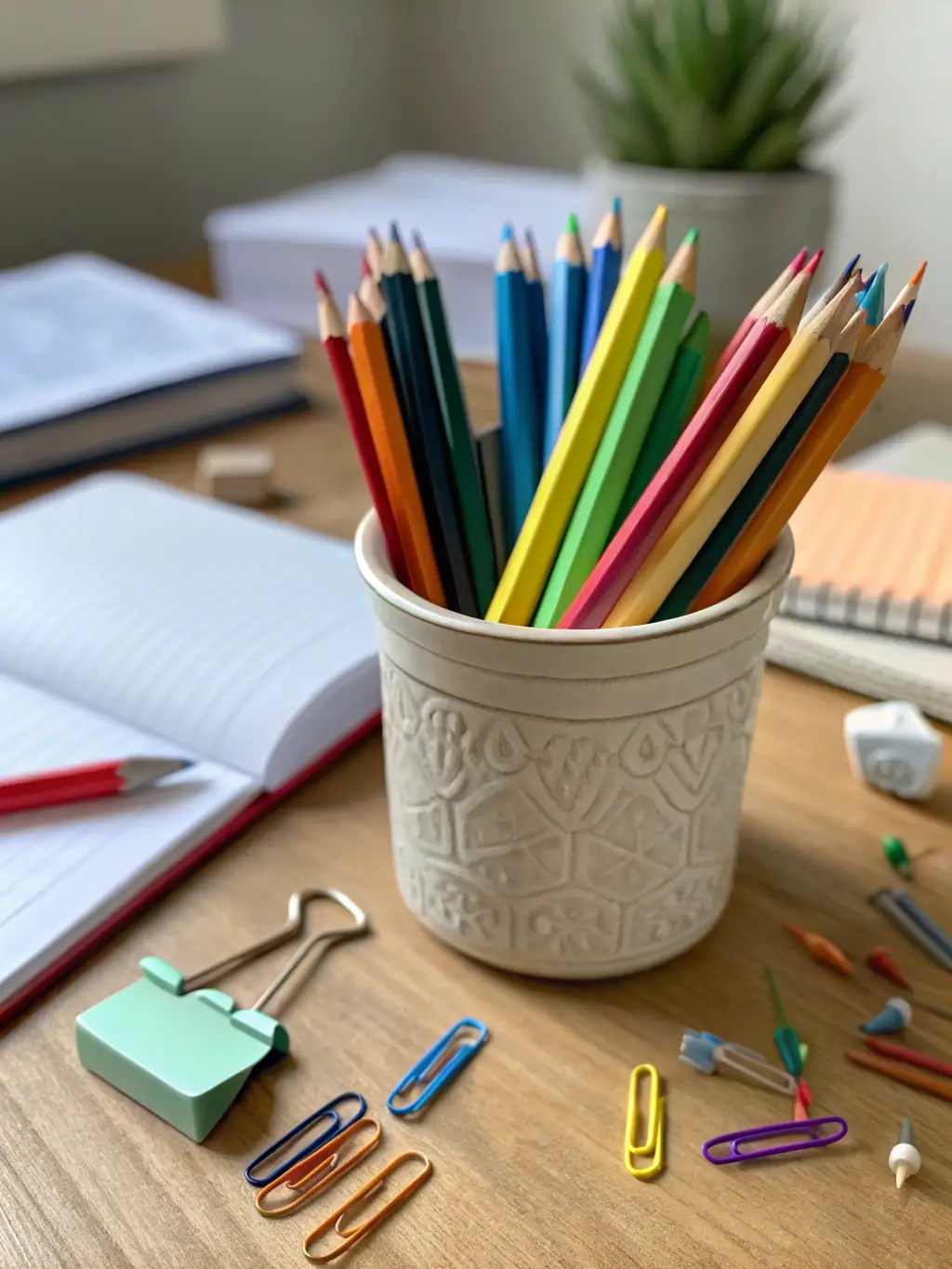 An image of various writing tools such as pens, notebooks, and a Canadian flag, arranged on a wooden desk, symbolizing comprehensive writing services.