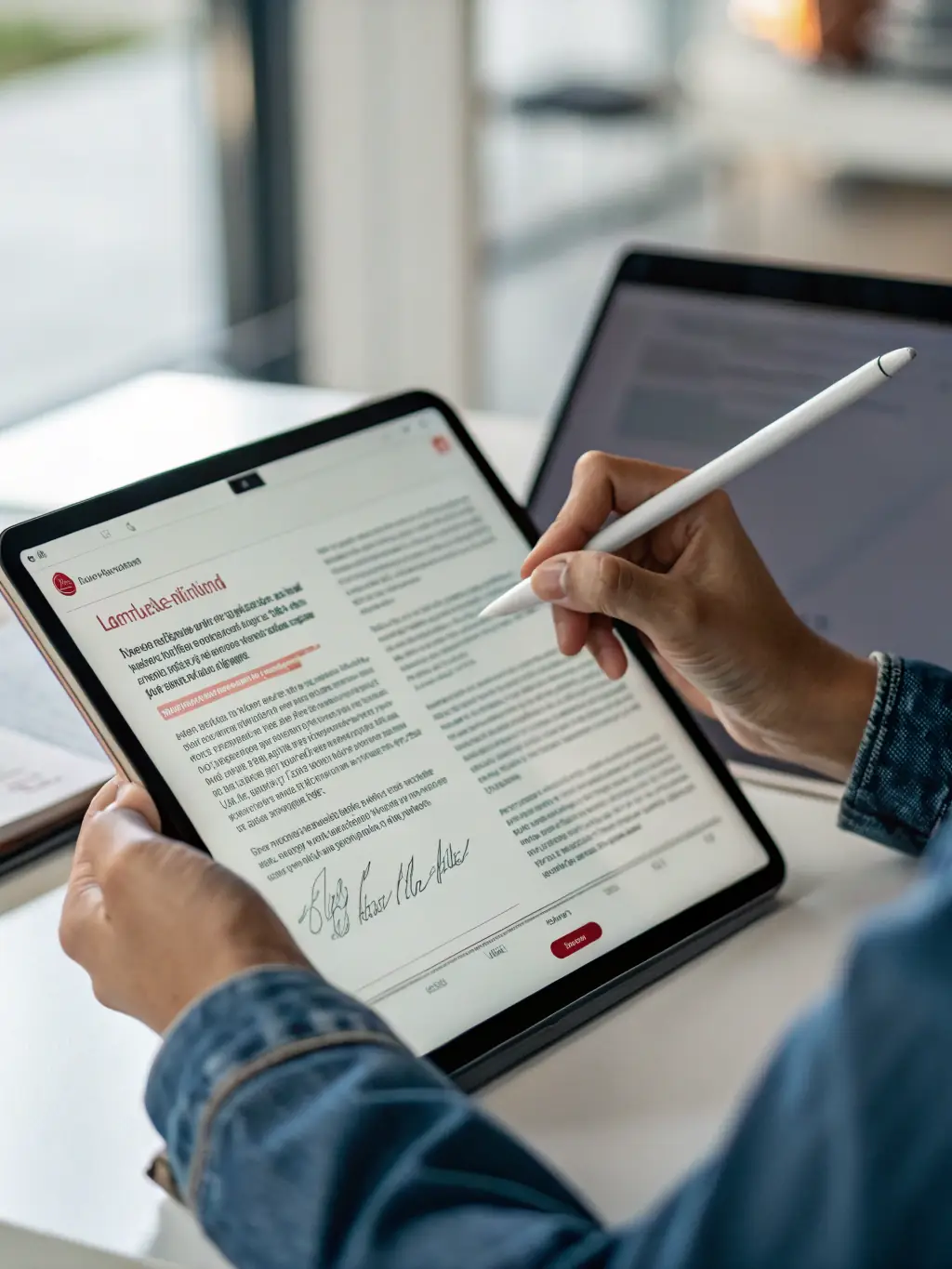 A close-up shot of a hand editing a document on a tablet, representing editing and proofreading services.