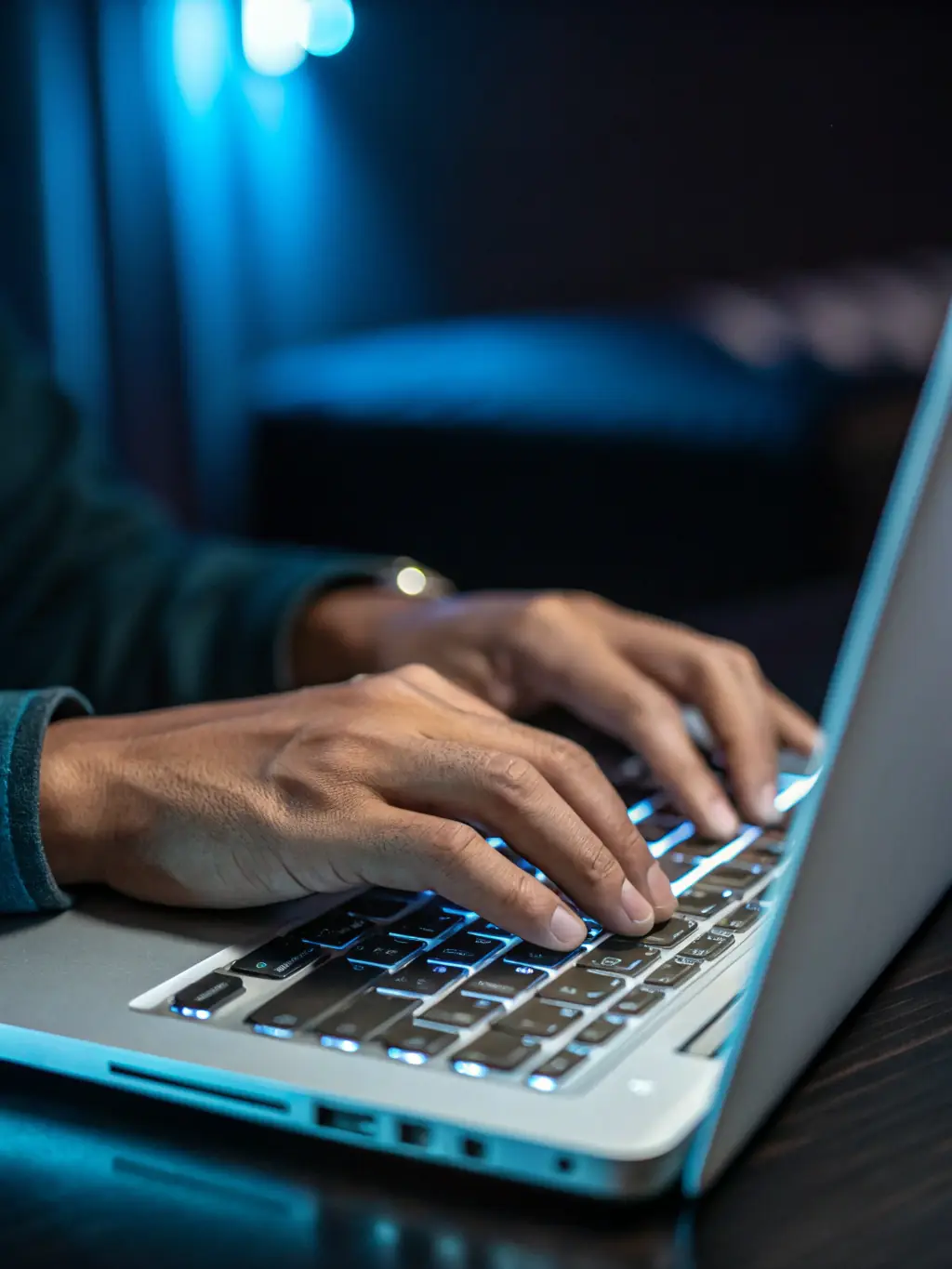 A hand is typing on a laptop with a focus on the screen displaying website content, representing website content writing services.