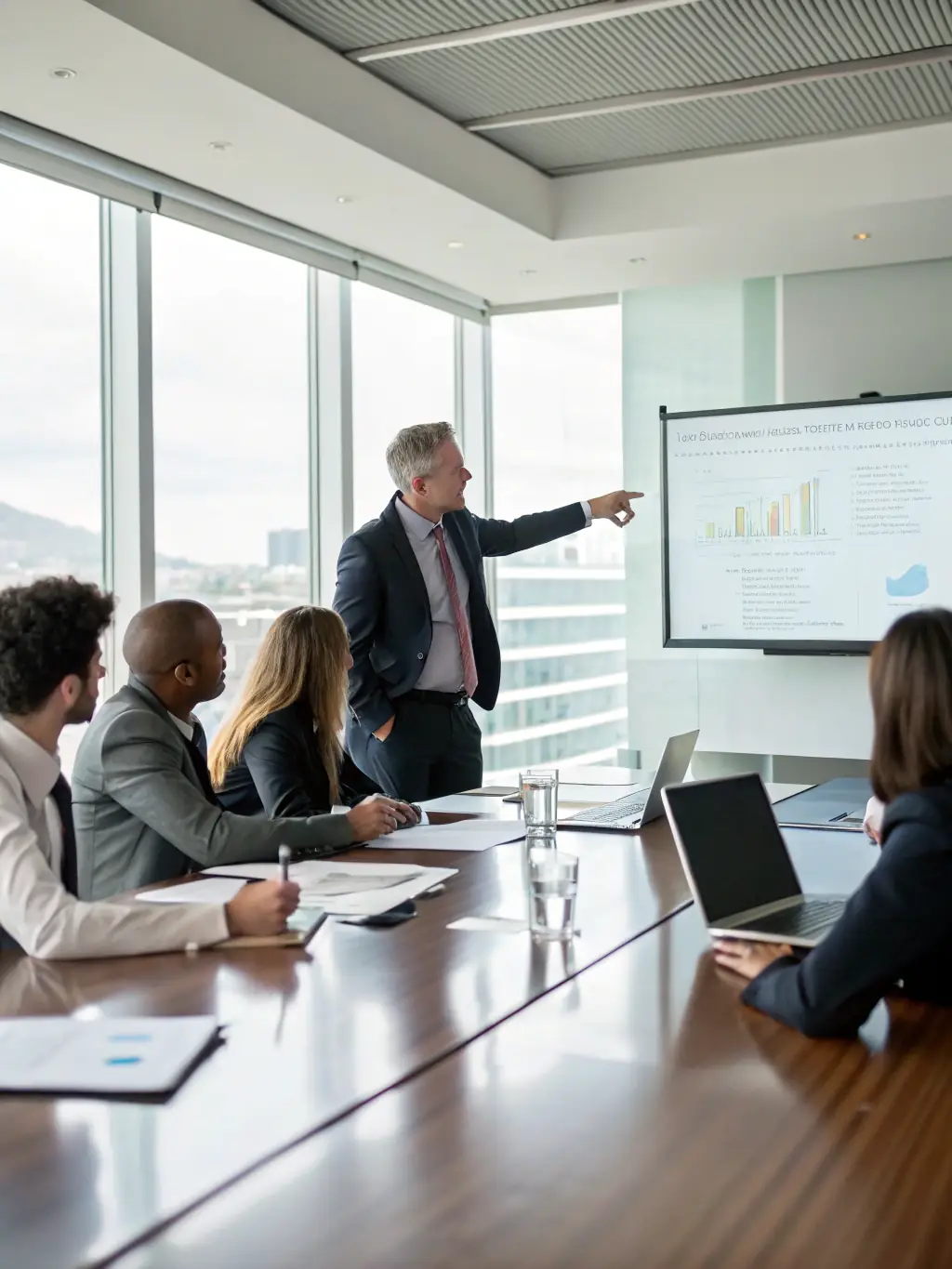 A person is giving a presentation to a group of people in a boardroom, representing speech writing services.